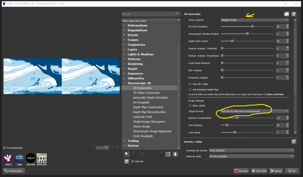 A screenshot of the G'MIC GIMP extension showcasing it's 3D Conversion filter menu.