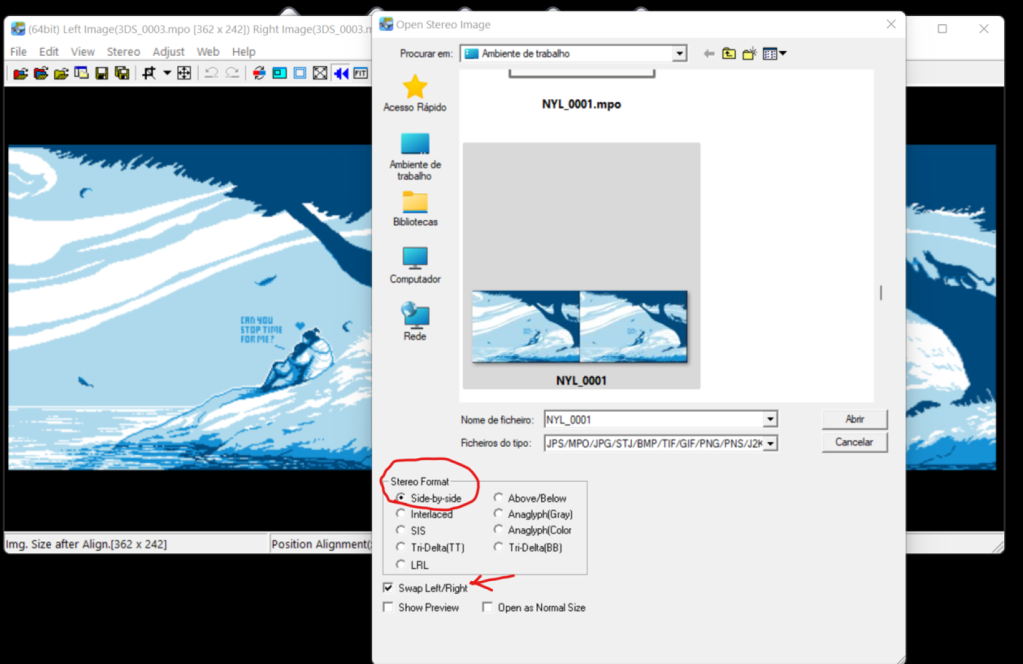 A screenshot of the Stereo Photo Maker software, showcasing how to import a 3D stereoscopic image to be converted.
