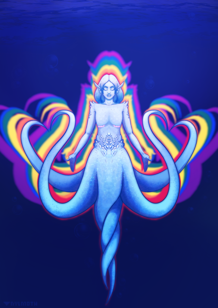 An androgynous scylla with mastectomy scars emerges from the darkness with part of the tentacles intertwined while the others form heart shapes on each side. With the arms down, open hands eyes closed in a serene expression, emanates an aura with each one of the rainbow colors of the pride flag. 
