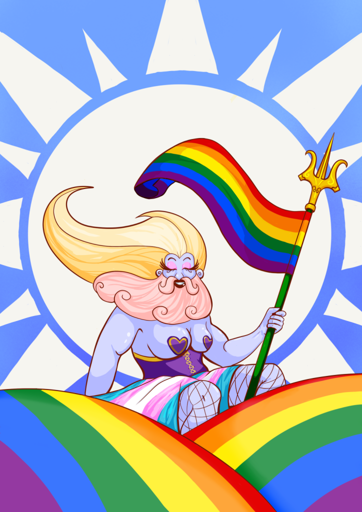 The god Neptune, which is a local symbol for the city of Ovar, presented as a Drag Queen sitting with a trans flag in the lap and holding a trident that has a pride flag attached, flowing in the wind. Two rainbow waves flow in front while a giant sun frames the scene from behind. 
