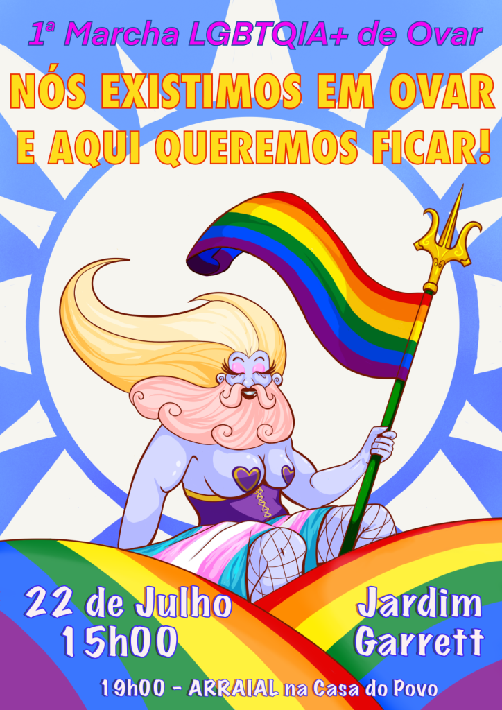 same illustration but now with the overlay text in portuguese, announcing the motto for the parade as well as the day, time and location for the event.