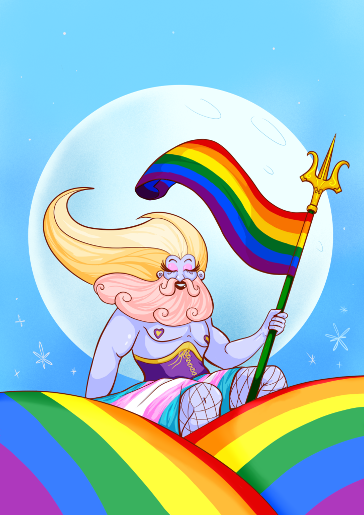 The god Neptune, which is a local symbol for the city of Ovar, presented as a Drag Queen sitting with a trans flag in the lap and holding a trident that has a pride flag attached, flowing in the wind. Two rainbow waves flow in front while a giant full moon frames the scene from behind. 