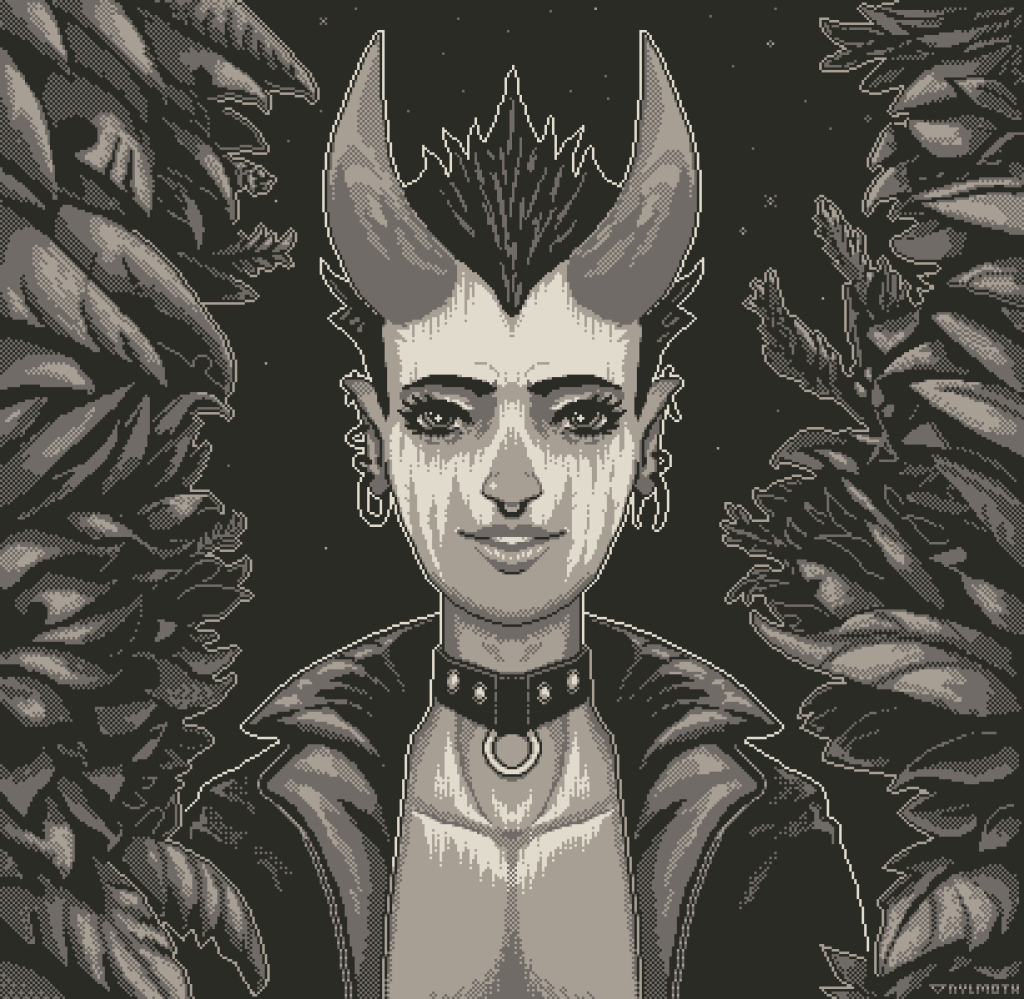 a pixel art portrait illustration of an androgenous demon with face paint in the shape of a skull and wearing a leather jacket and a collar, while surrounded by dense vegetation on both sides and a clear night sky filled with stars in the background.